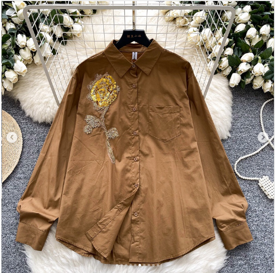 Women's European Chic Streetwear Shirt Sequins 3D Floral